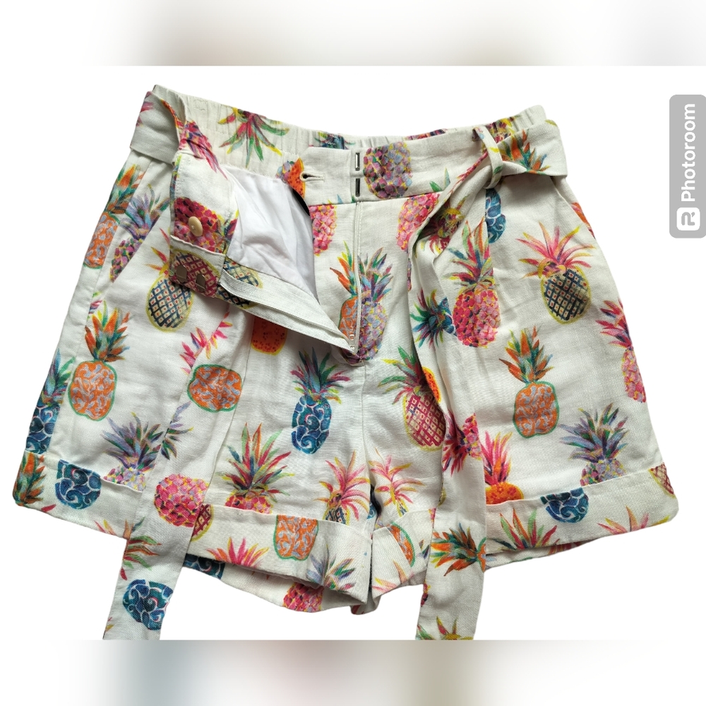 J. Crew women's Pineapple Print Paper Bag Belted Linen Casual Short Size 2 - Picture 5 of 15